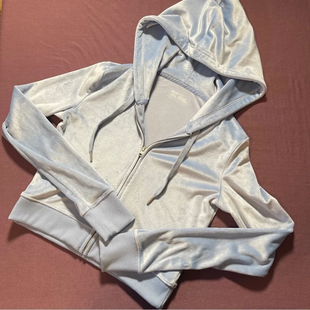 Aerie Dreamy Velour Cropped Hoodie in Baby Blue - Size XS Full Zip Light Jacket